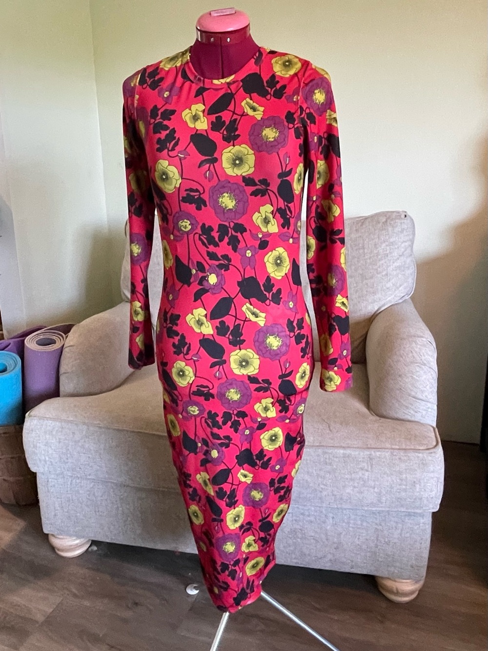 Zara Floral Long-Sleeve Midi Dress in Red and Yellow